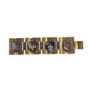 Vintage French WWII Brass Enamel Coat of Arms Link Bracelet 6.75” Approx Shield